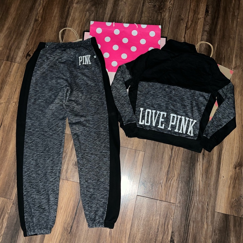 VS PINK SIZE XS/S Marl Black Color Block Campus Pant & Quarter Zip Logo Set.